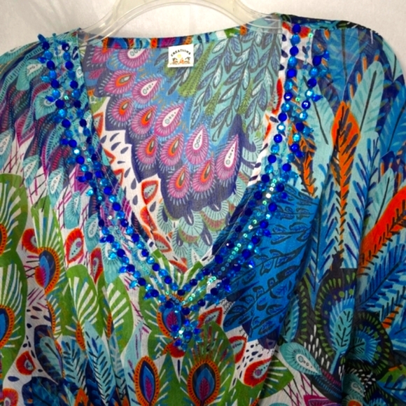 Sheer Colorful Peacock jeweled embellished adjustable Kimono Cover up Sz OS - Picture 7 of 9
